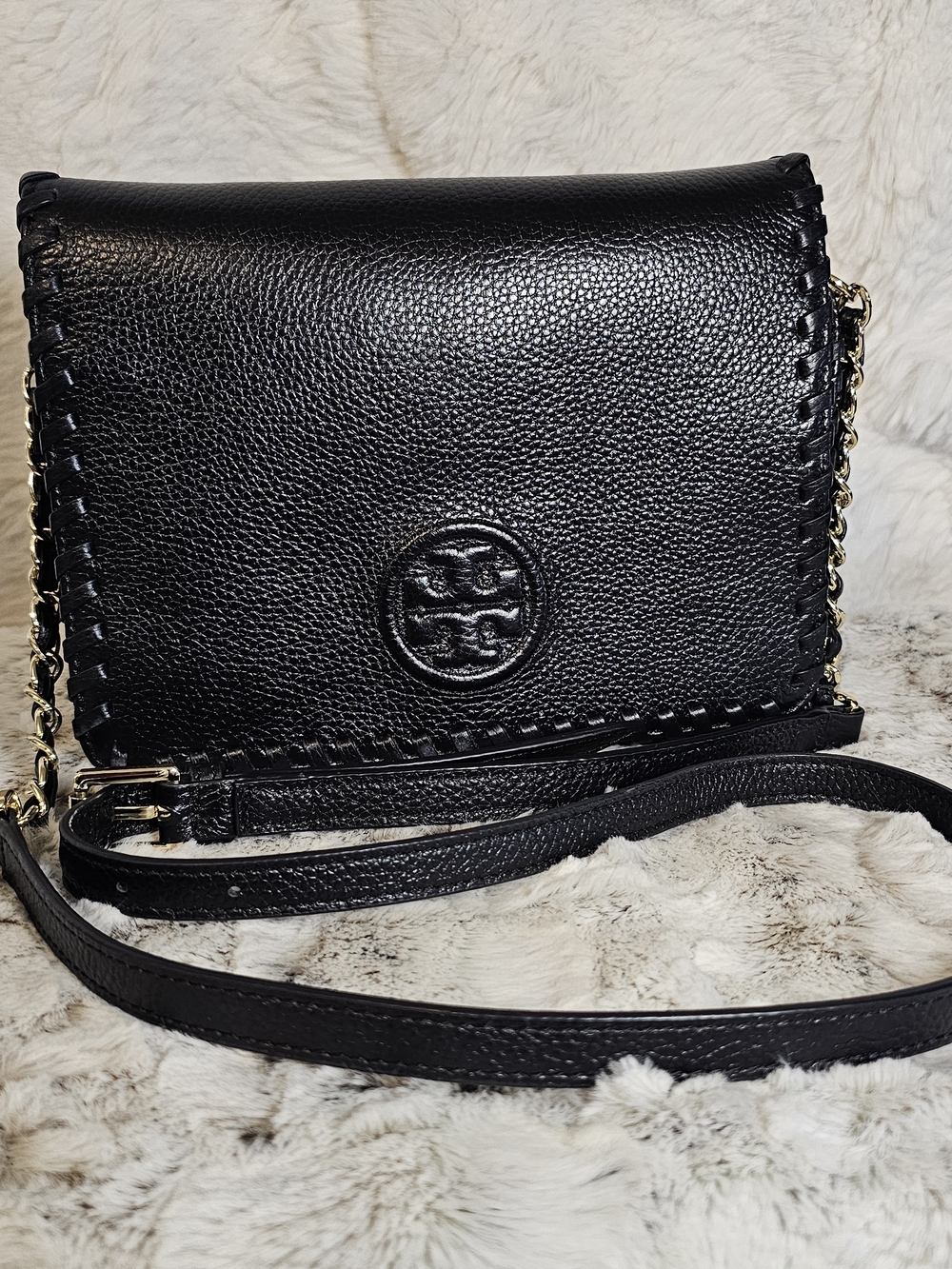 Tory Burch Black Pebbled Leather Crossbody with Gold Chain